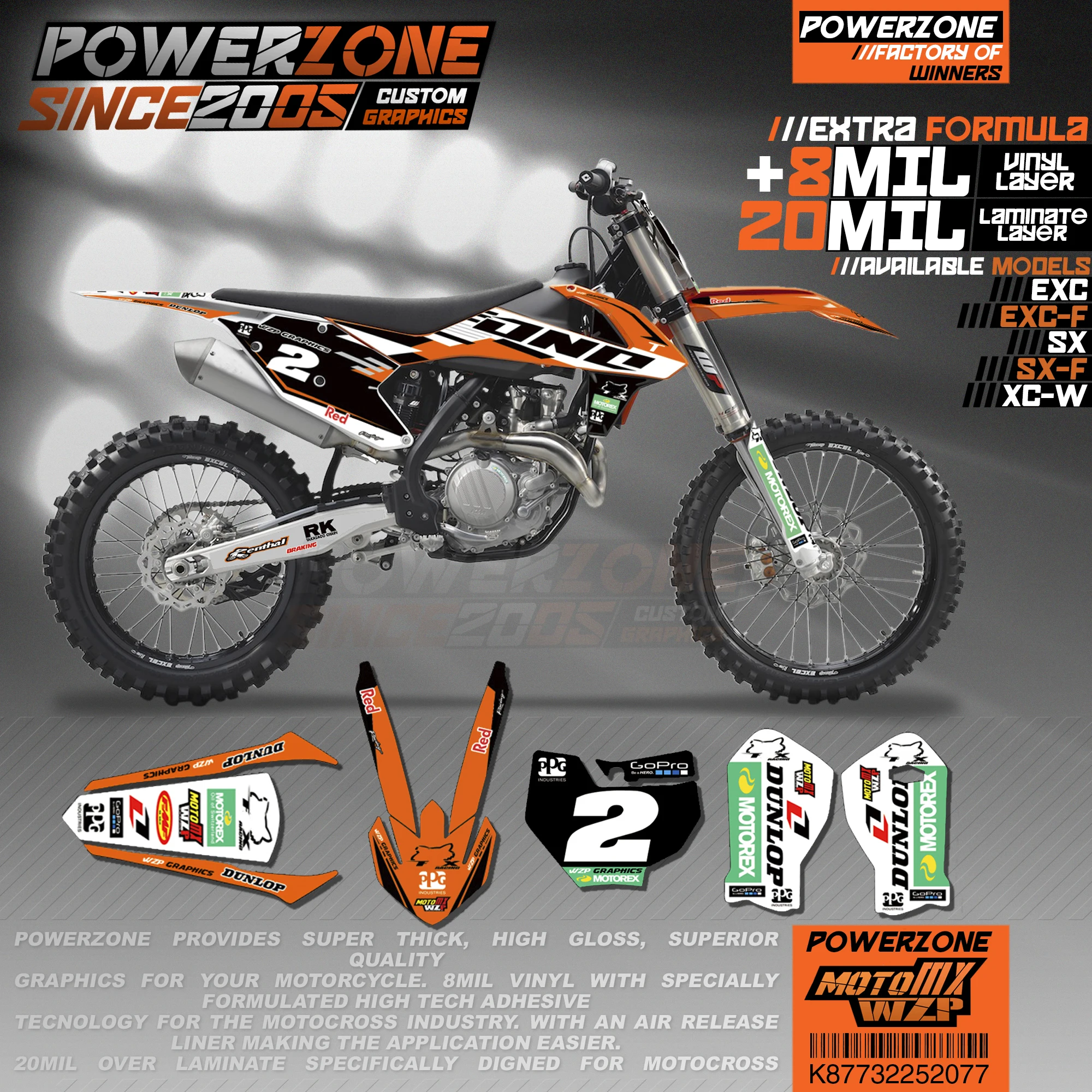 

PowerZone Custom Team Graphics Backgrounds Decals 3M Stickers Kit For KTM SX SXF MX EXC XCW Enduro 125cc to 500cc 2016-2019 077