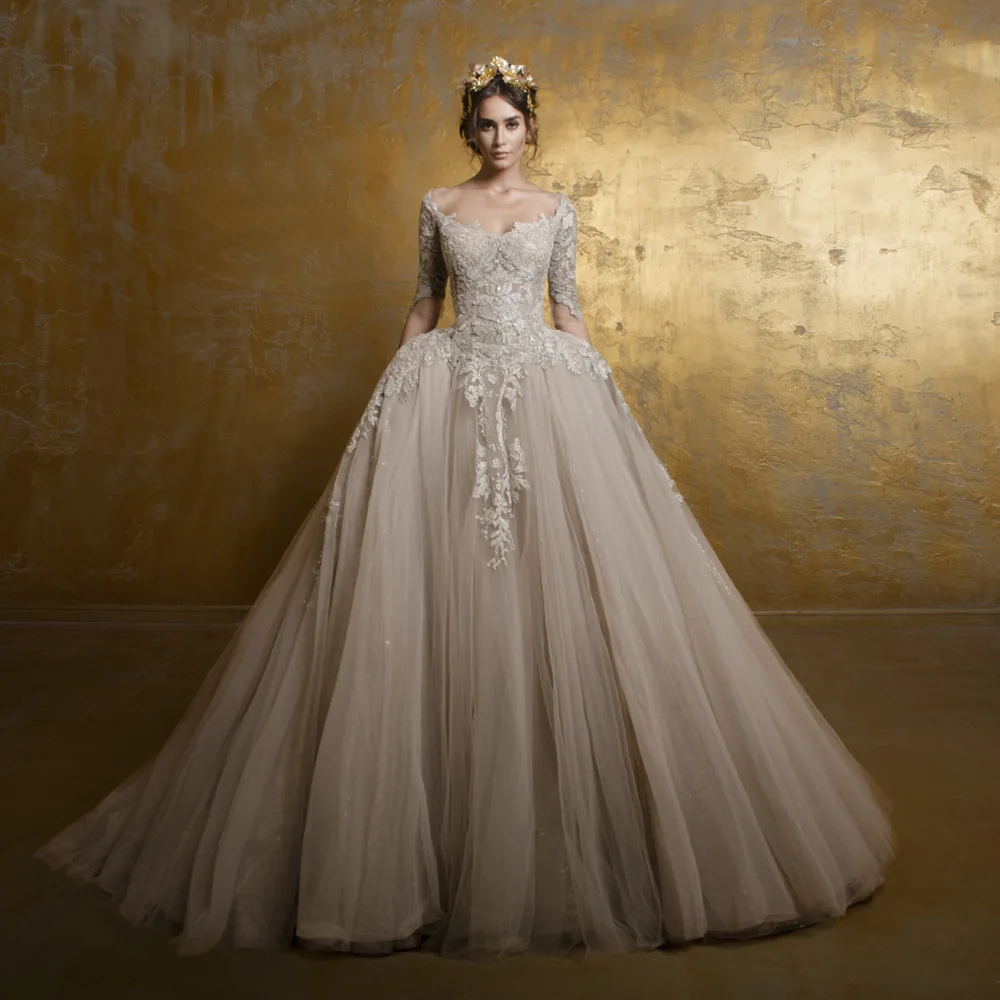 

Vintage Champagne Wedding Dresses Modest Half Sleeves Puffy Tulle Bridal Dresses See Thru Back Wedding Gowns Vestido De Noiva