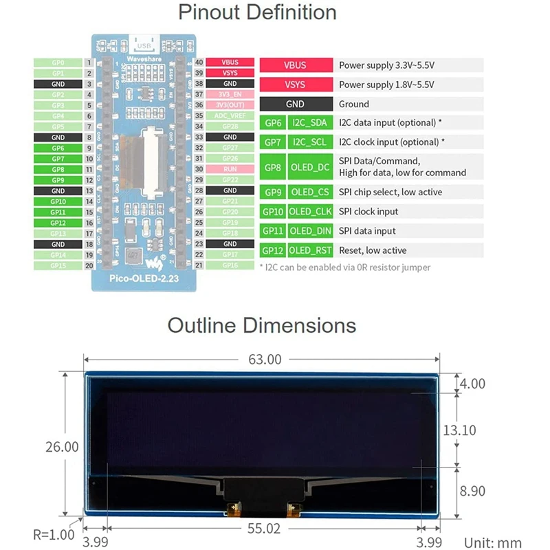 Модуль OLED-дисплея Waveshare 2 23 дюйма для Raspberry Pi Pico встроенный драйвер SSD1305 128X32