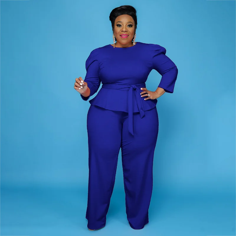 Plus size slimming solid color with belt bubble three-quarter sleeve wide leg pants large size two-piece wholesale direct sales