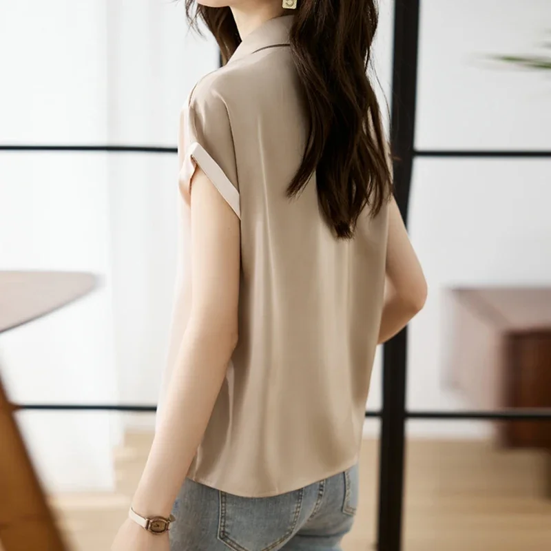 Женский офисный топ с коротким рукавом атласная блузка контрастных цветов