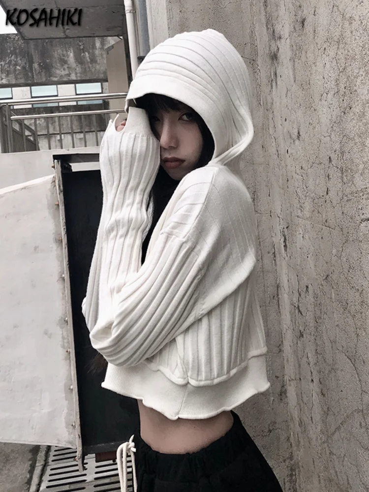

Harajuku Black White Sweater Cropped Cardigan Women Korean Fashion Streetwear Jumper Female Autumn Hoody Knitted Top
