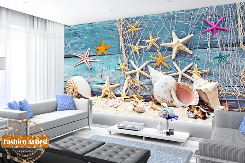 

Custom 3d Peace Wallpaper Mural Mediterranean Art Seamen Sea Star Shell Conch Fishing Net Tv Sofa Bedroom Living Room Background