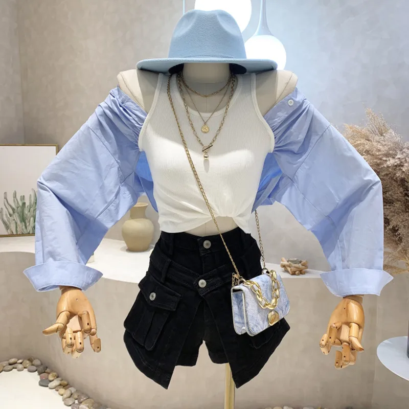 

New Women's Clothing 2022 autumn contrast color stitching fake two pieces off shoulder long sleeved T-shirt blusas