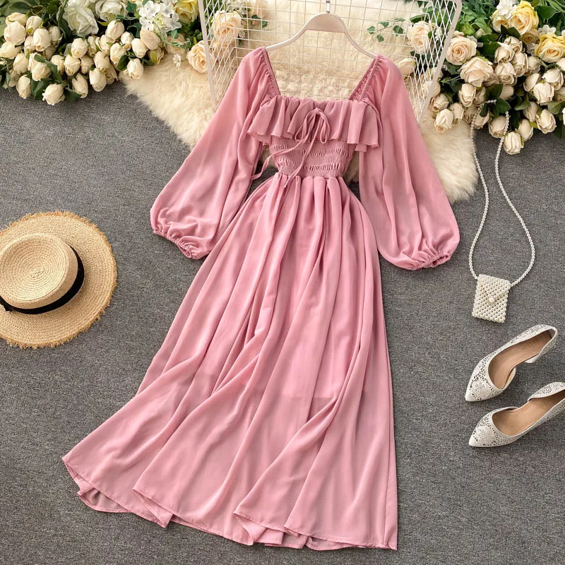 

Woherb Chic Elegant Square Collar Maxi Dress Women Solid Chiffon Puff Sleeve Dresses 2022 Korean Fashion Vintage Ruffle Vestidos
