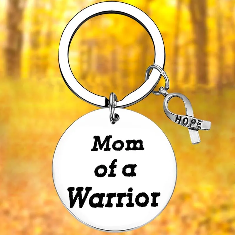 

Mom of a Warrior Keychain Inspirational Cancer Awareness Motivation Gifts Key Chain Pendant Jewelry Family Gifts