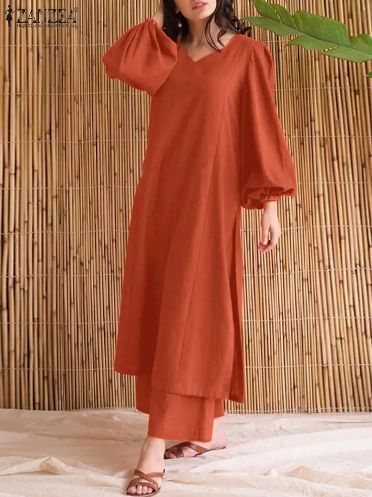 

Праздничный однотонный брючный костюм ZANZEA с пышными рукавами, Длинная блузка с Боковым Разрезом, брючный костюм 2023, весенние повседневные с...