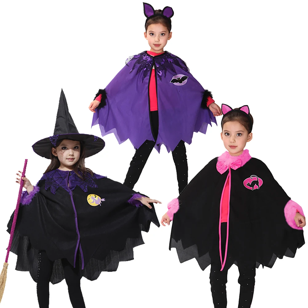 

Kids Girls Cosplay Witch Cloak Toddlers Ghost Print Button Hooded Mantle Cloak for Carnival Party Coat Tops Costume
