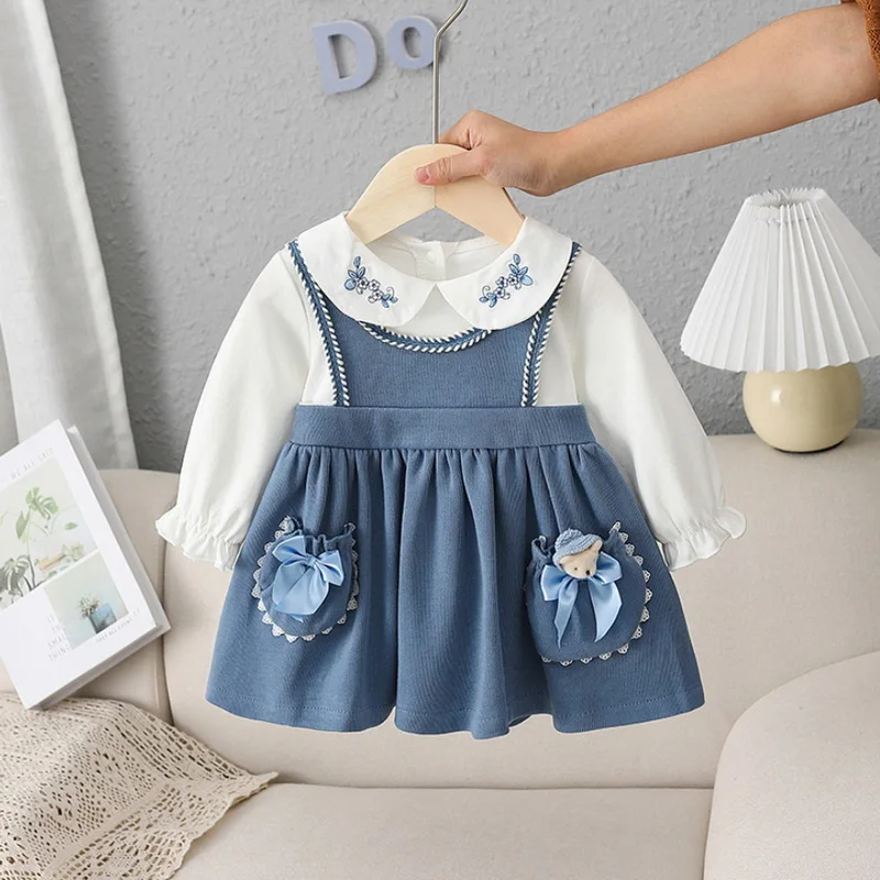 2022 Spring Family Matching Sister Clothes Long Sleeves White Blue Patchwork Bodysuit+Princess Baby Dress Twins Outfits E9190 |