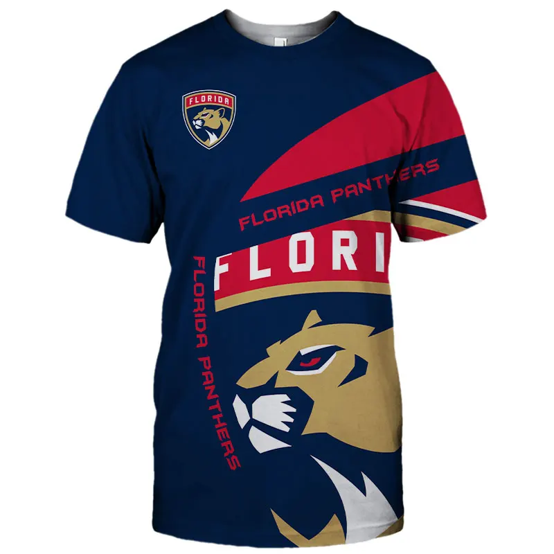 

Summer Casual Tops Florida Men's fashion Blue yellow stitching cartoon lion print Panthers T-shirts