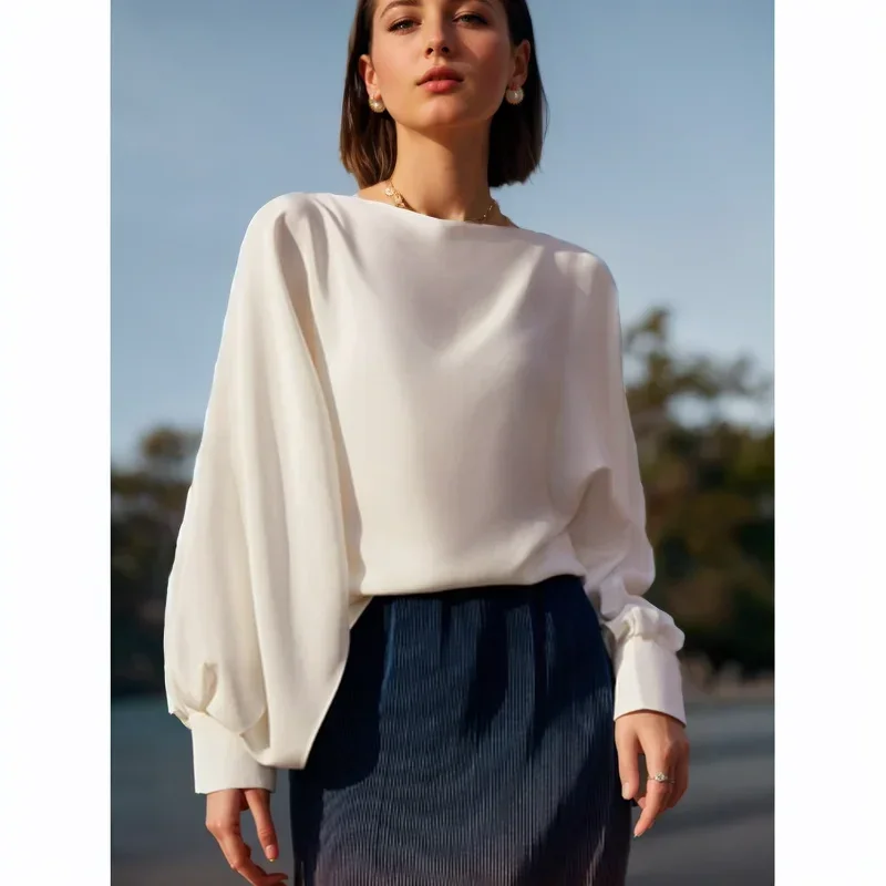 Рубашка Женская атласная с рукавами-фонариками Модный повседневный топ для