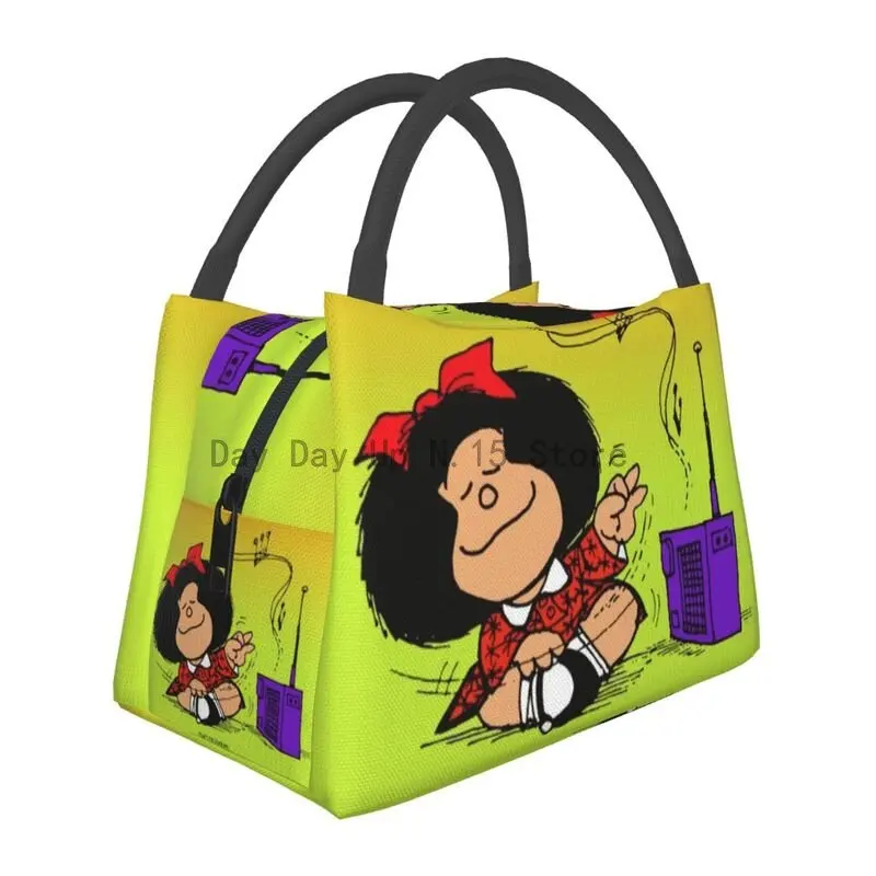 

Kawaii Mafalda Наслаждайтесь музыкой Изолированные сумки для обеда для женщин Quino комикс мультфильм многоразовый охладитель термальный пищевой Ланч-бокс для работы путешествий