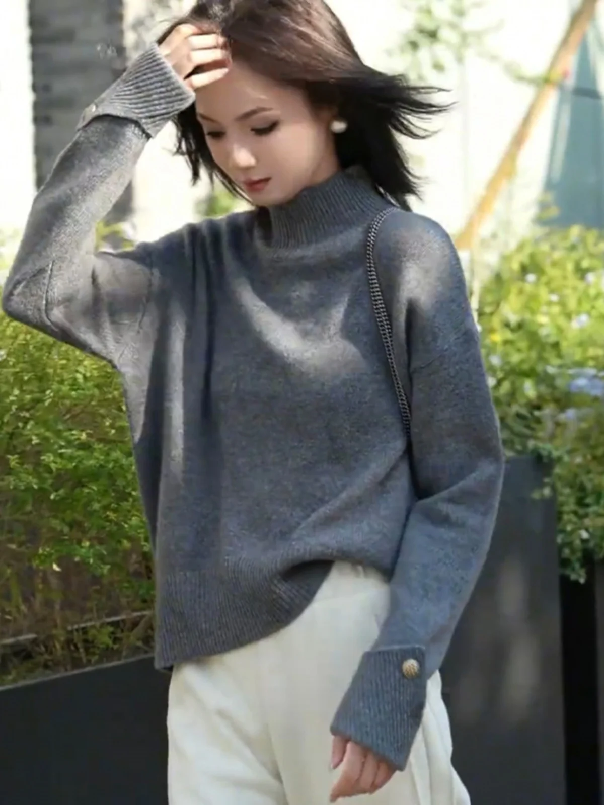 Серый вязаный женский свитер с высоким воротником новинка 2024 осень и зима