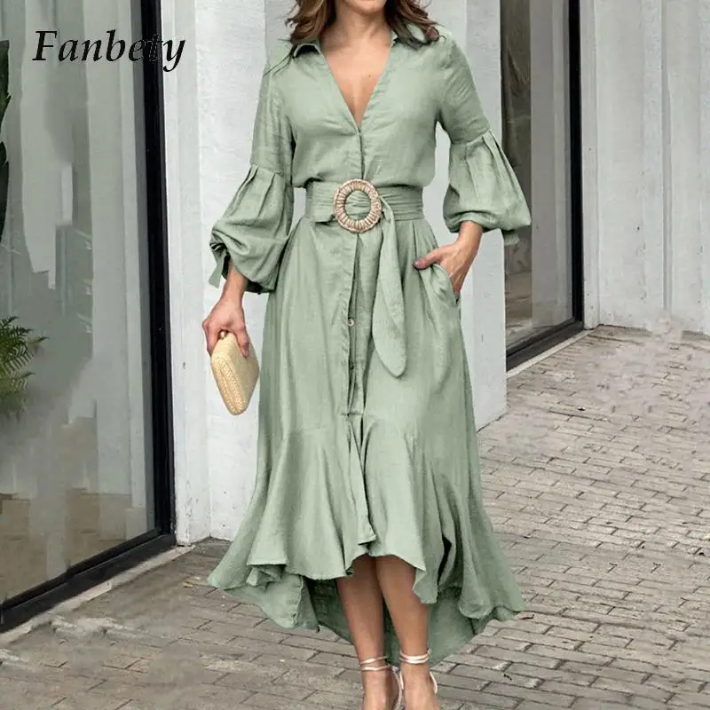 

Fashion Women V-Neck Slim Ruffle Long Dress Sexy Buttoned Women Party Dresses Ladies High Street Flare Sleeve Belted Shirt Dress