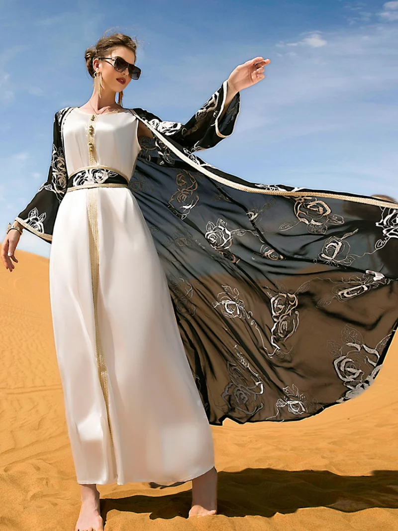 Embroidered 2 Piece Muslim Sets Women Open Abaya with Satin Slip Long Dress Matching Kaftan Party Suit Turkey Dubai Abayas 2023