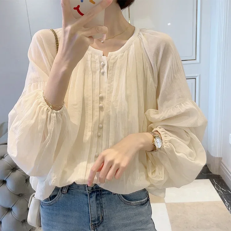 Ранняя весна ChicTopLoose-FitSweetКруглый вырез Красивая рубашка Французский стиль
