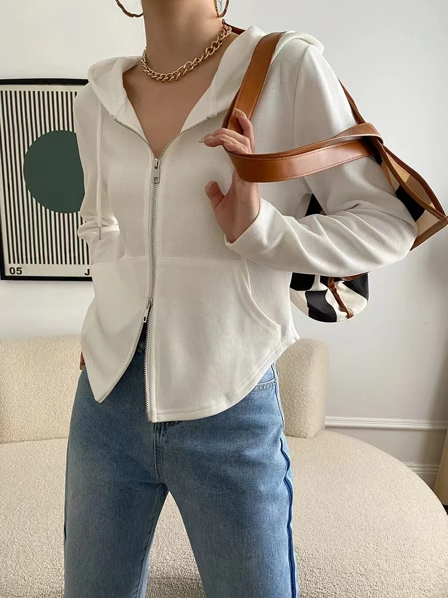 Приталенный вырез с двойной молнией свитер капюшоном пальто черный и белый серый