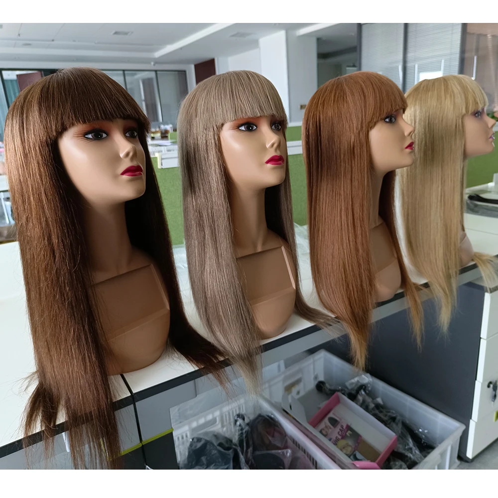 Human Hair Wig with Bang #27 Honey Blonde #30 Ginger Brown Remy Hair Wigs for Women 180% Full Wig with Fringe No Glue Mogul Hair enlarge
