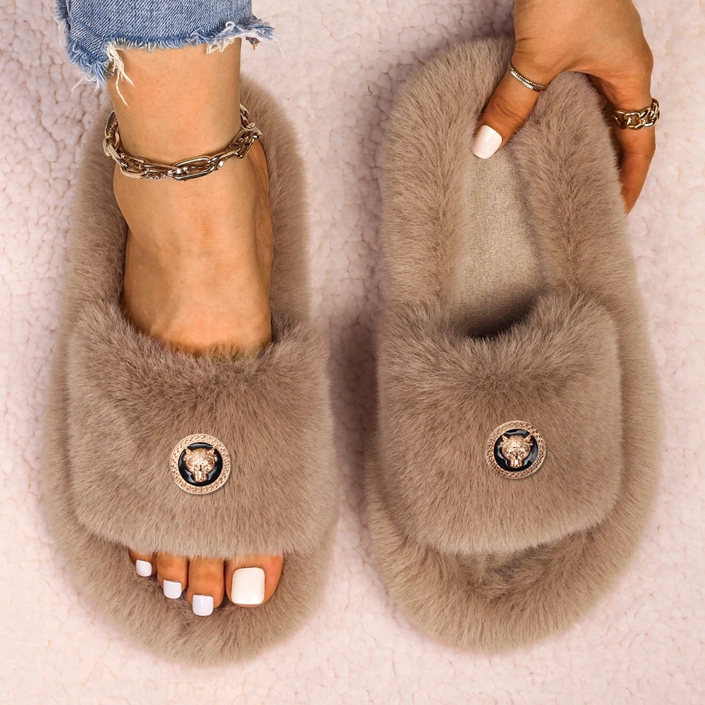 

Women Sandals Fuzzy Slides Tiger Enamel Glaze Fluffy Slippers Female Luxury Brand Outdoor Casual Faux Fur Shoes Furry Slippers