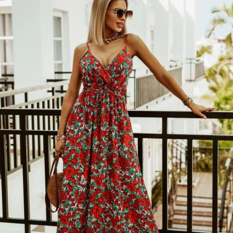

Boho Long Dress Women 2022 Summer Ladies Beach Casual Backless Long Dress Women's Robe Suspenders Sexy Thin Straps Floral 2022