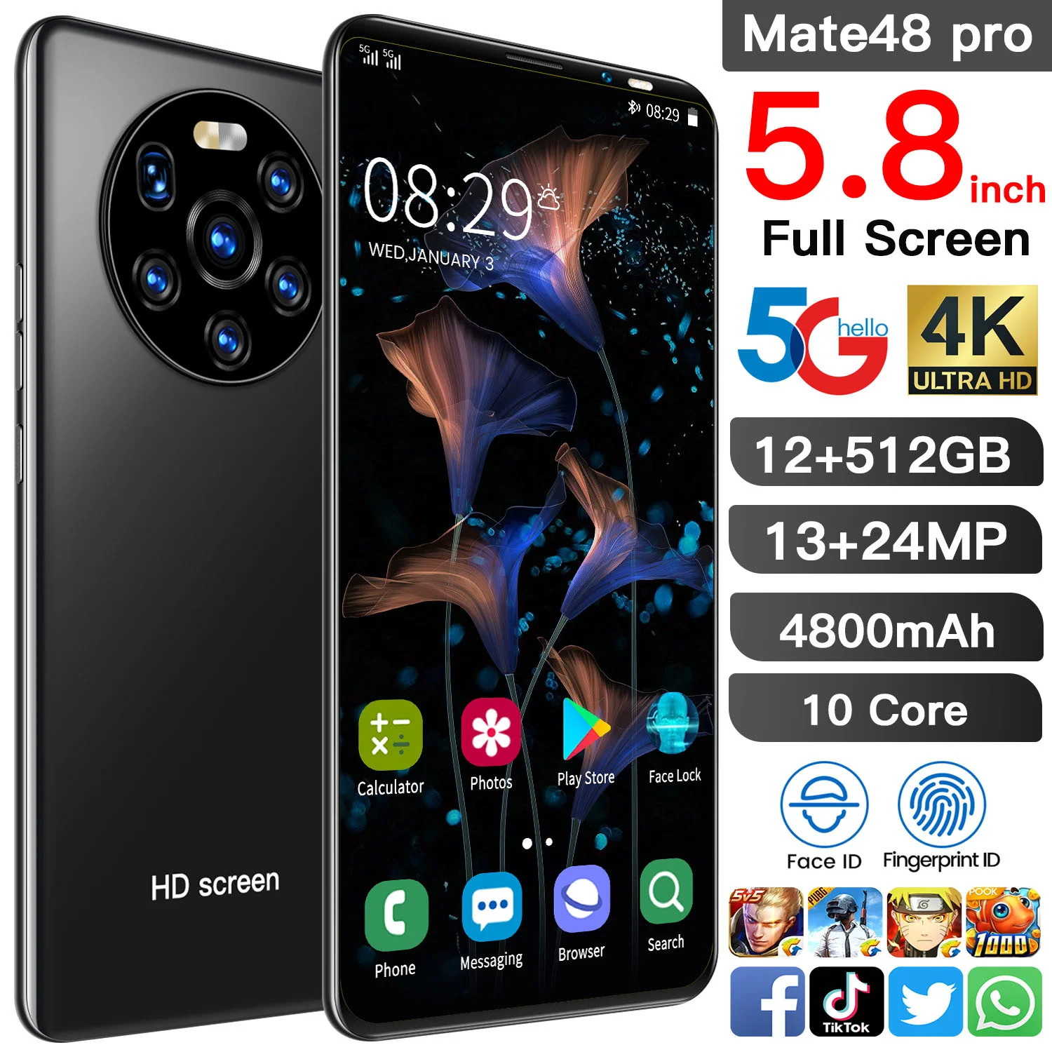 High-end Smart phone Mate 48 Pro unlocked cell Global Version phone 5g Network Smartphone Android 10.0 Deca Core Mobile Phones