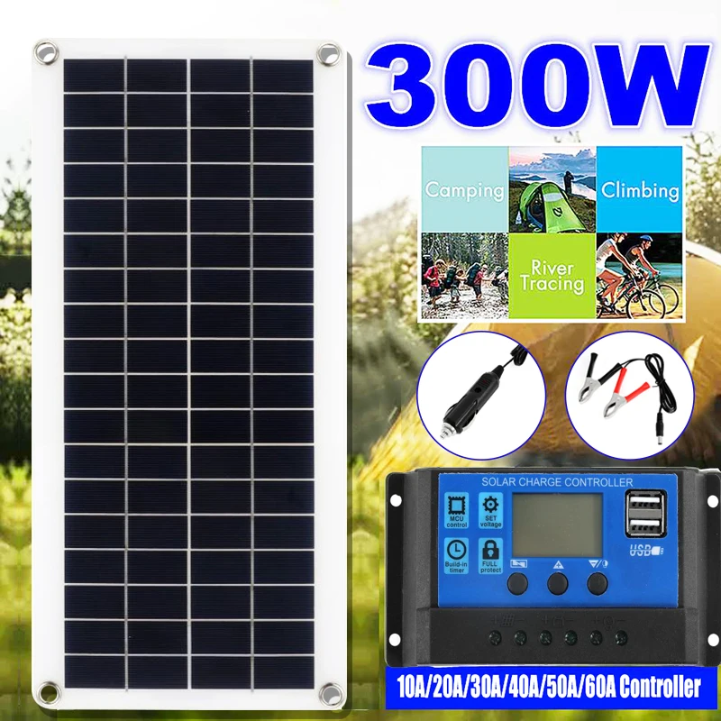 

300W Solar Panel Kit Complete 12V USB With 10-60A Controller Cells for Car Yacht RV Boat Moblie Phone Battery Charger