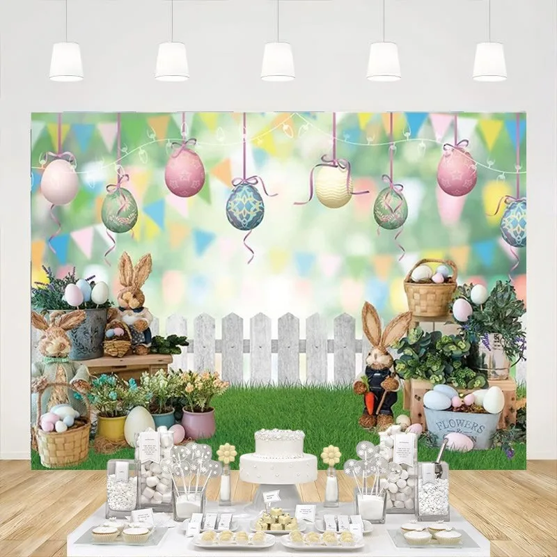 

Easter Backdrop Photography Spring Bunny Green Grass Flower Eggs Fence Colorful Bokeh Background Party Decoration Studio Props