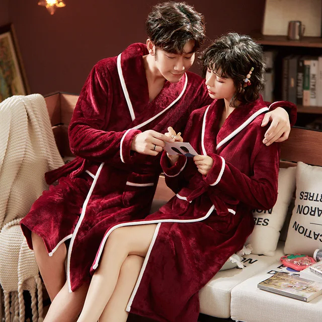 Bathrobe Women's Solid Winter Warm Long Sleeve Ladies Bath Robe Flannel Kimono with Sashes Dressing Gown for Couple 2023 New