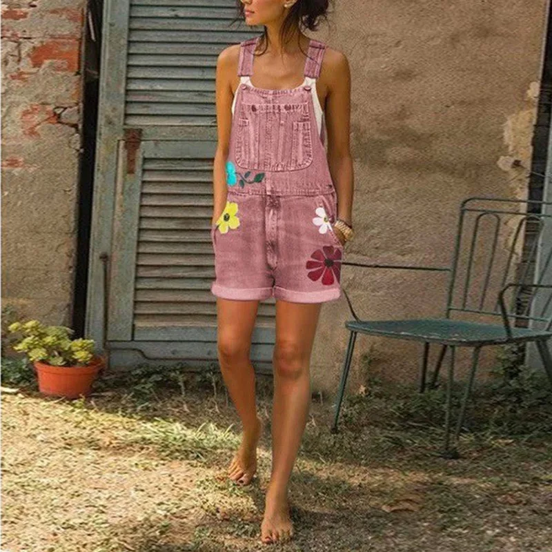 New jeans women's casual suspenders slim slim fashion printed shorts Street wide leg jeans