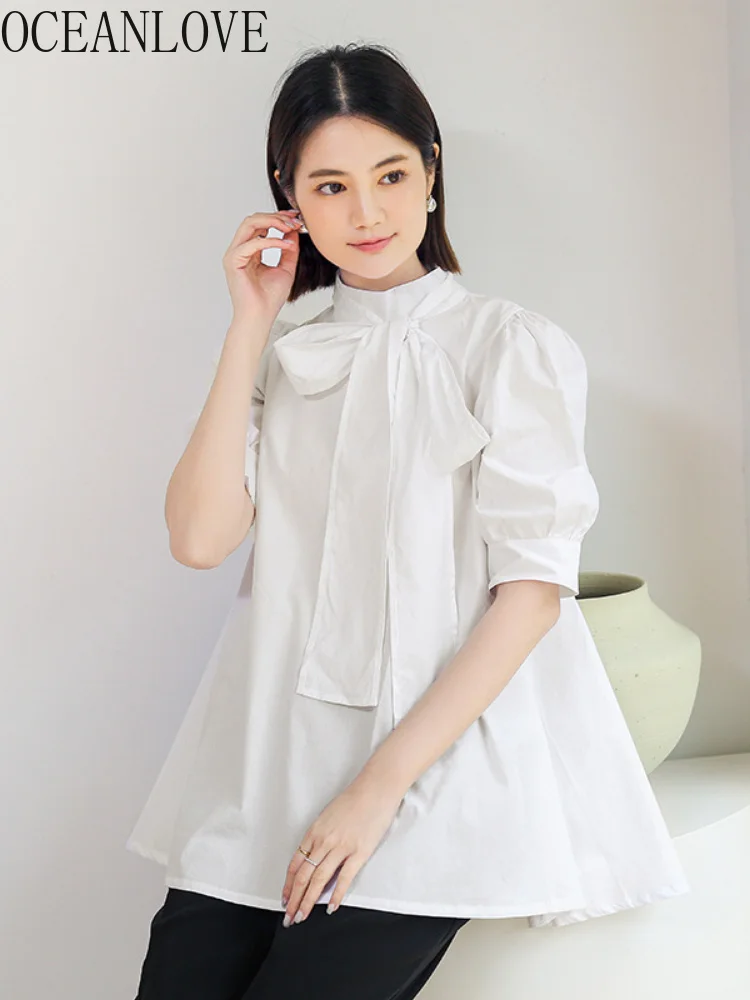 

Blusas Mujer Pu Sleeve Loose Sweet Japan Style Summer Blouses Women Tops Elegant Oice Lady Bandage Bow Shirts