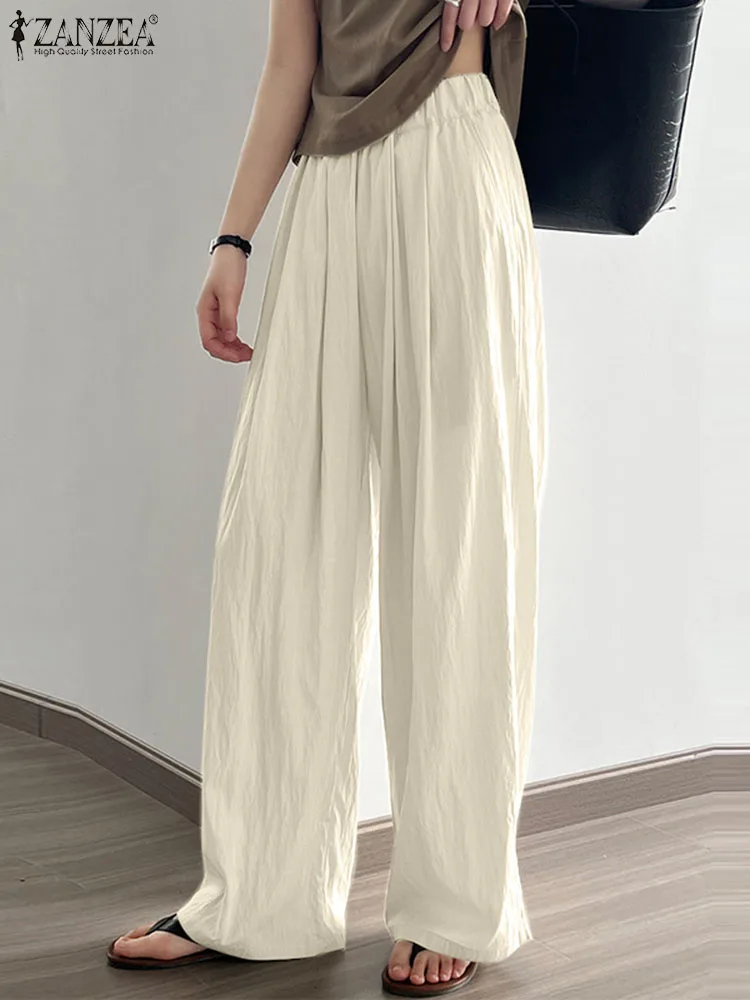 

Брюки ZANZEA 2023 Осенние повседневные с широкими штанинами, Длинные свободные брюки с высокой талией, однотонные плиссированные брюки, элегантные эластичные брюки для отдыха