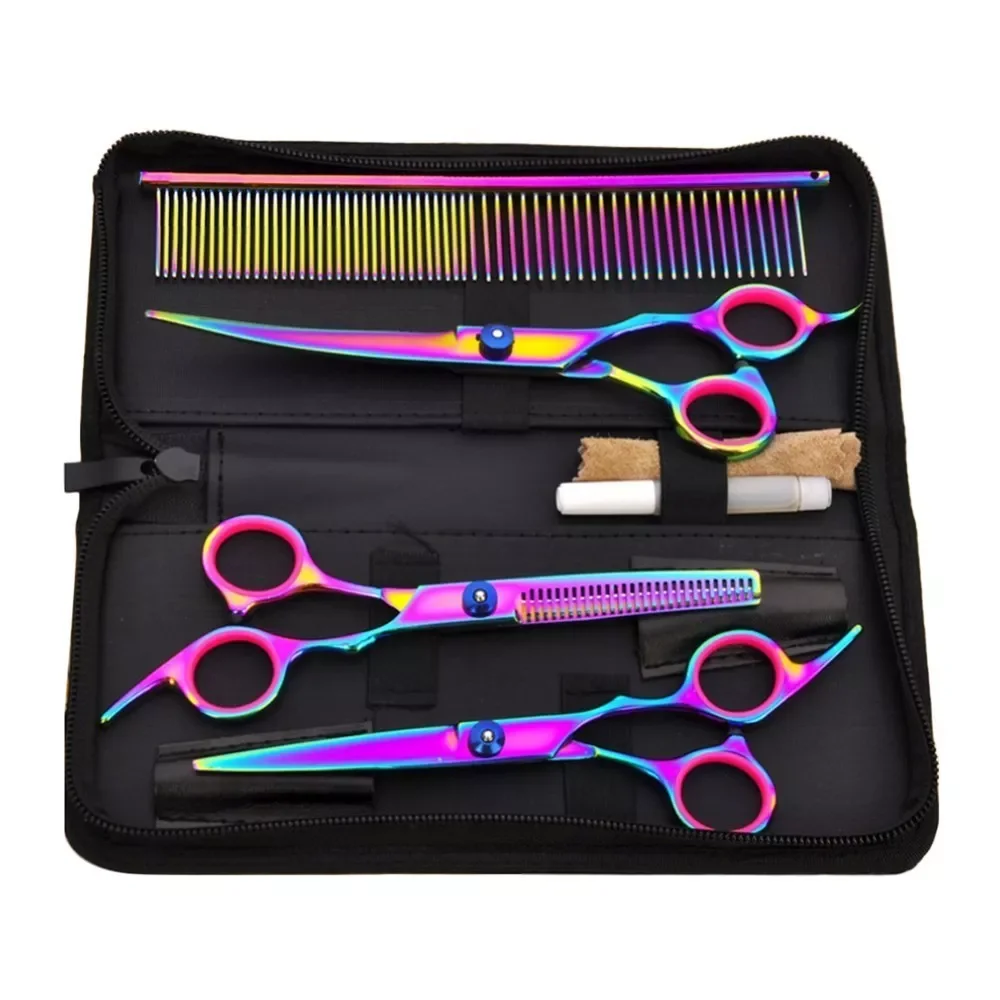 

NEW2023 Hot Sale Pet Hair Cut Colorful Scissors Clippers Flat Tooth Cut Pets Beauty Tools Set Kit Dogs Grooming Hair Cutting Sci