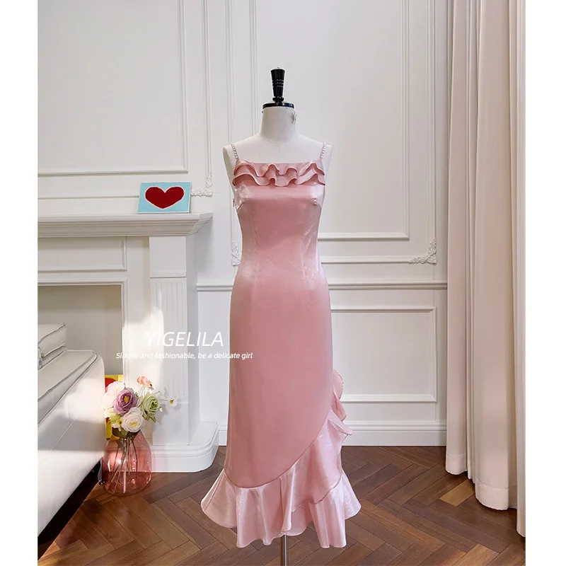 2023 Elegant Fashion Spring New Pink Strap Fishtail Dresses High Waist Slim Dress Women Shiny Pearl Stage Costume