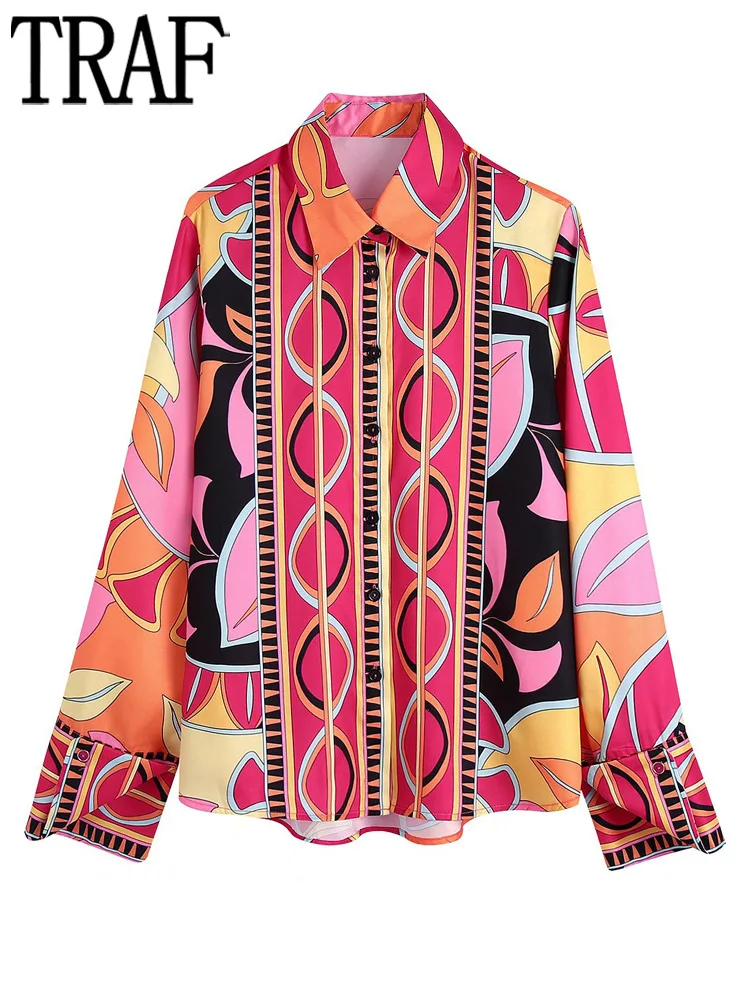 

TRAF Print Women Shirt Sets Boho Button Up Shirts Woman Long Sleeve Office Top Female Summer Collar Blouses and Shirts for Women
