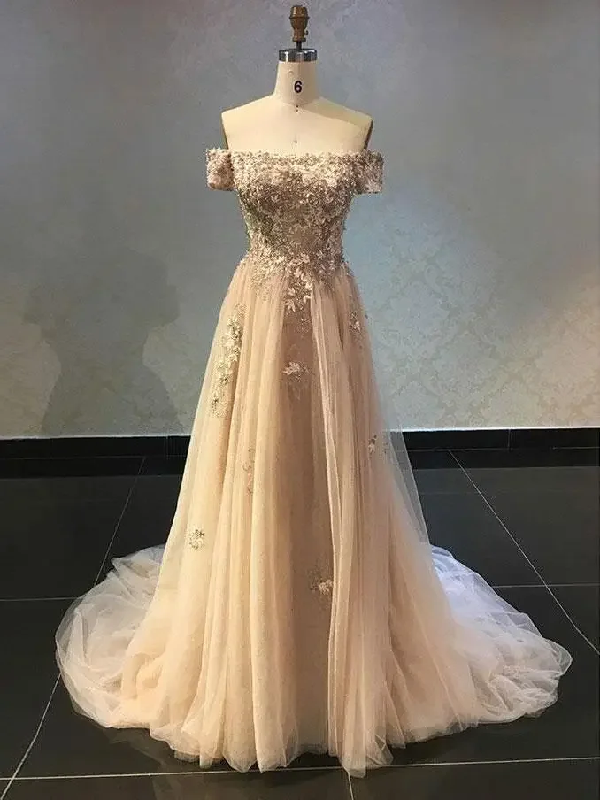 

2 STORE Gold Evening Dresses Vintage A-Line Flower Chiffon Floor-Length Zipper Boat Neck Bridal Gowns Prom