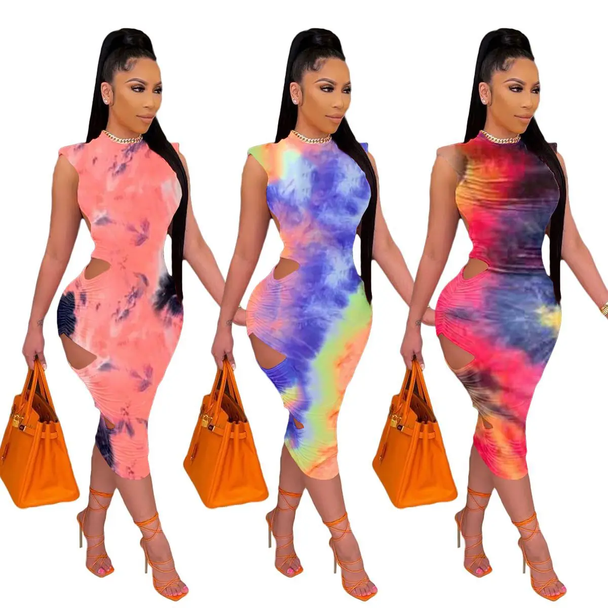 

European and American women's clothing spring and summer new casual fashion sexy openwork tie-dye dress