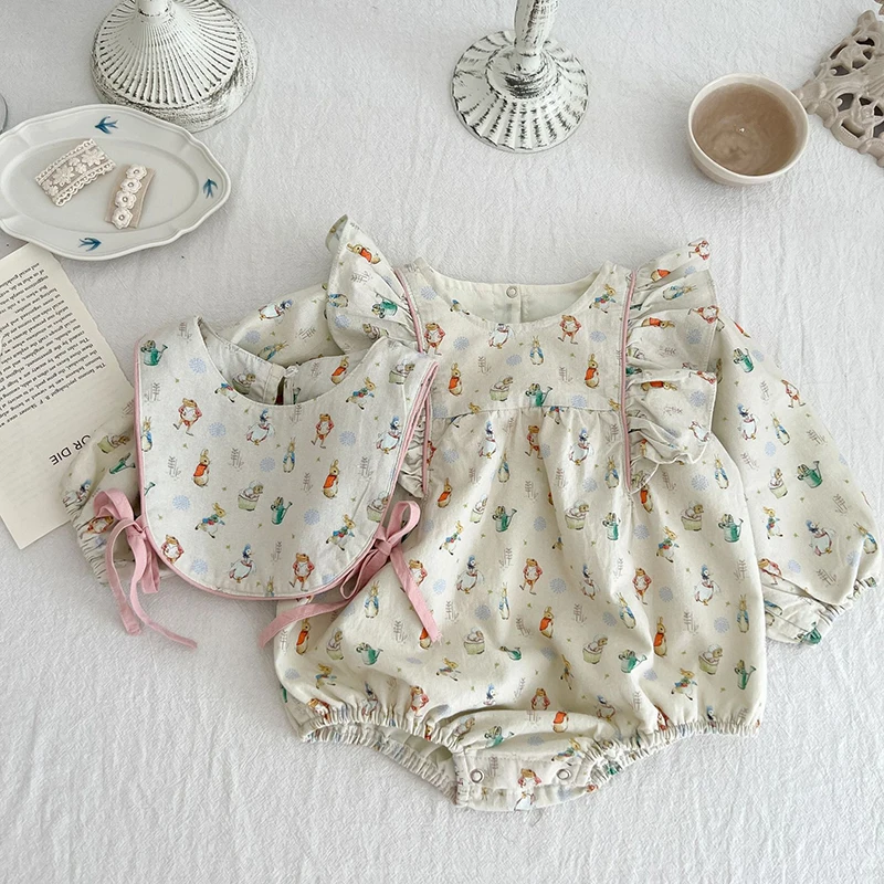 

Adorable Little Baby Girls Bunny Print Autumn Romper +Bibs 2Pcs Newborn Baby Cotton Full Sleeve Jumpsuit Bodysuit Cheap