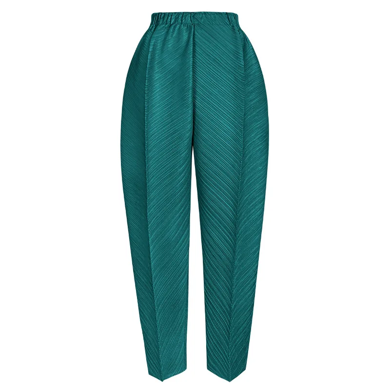 

Women Pencil Pant Miyake Pleated Fashion Solid Loose large Size High Street Elastic waist Female Ankle-Length Pants Tide