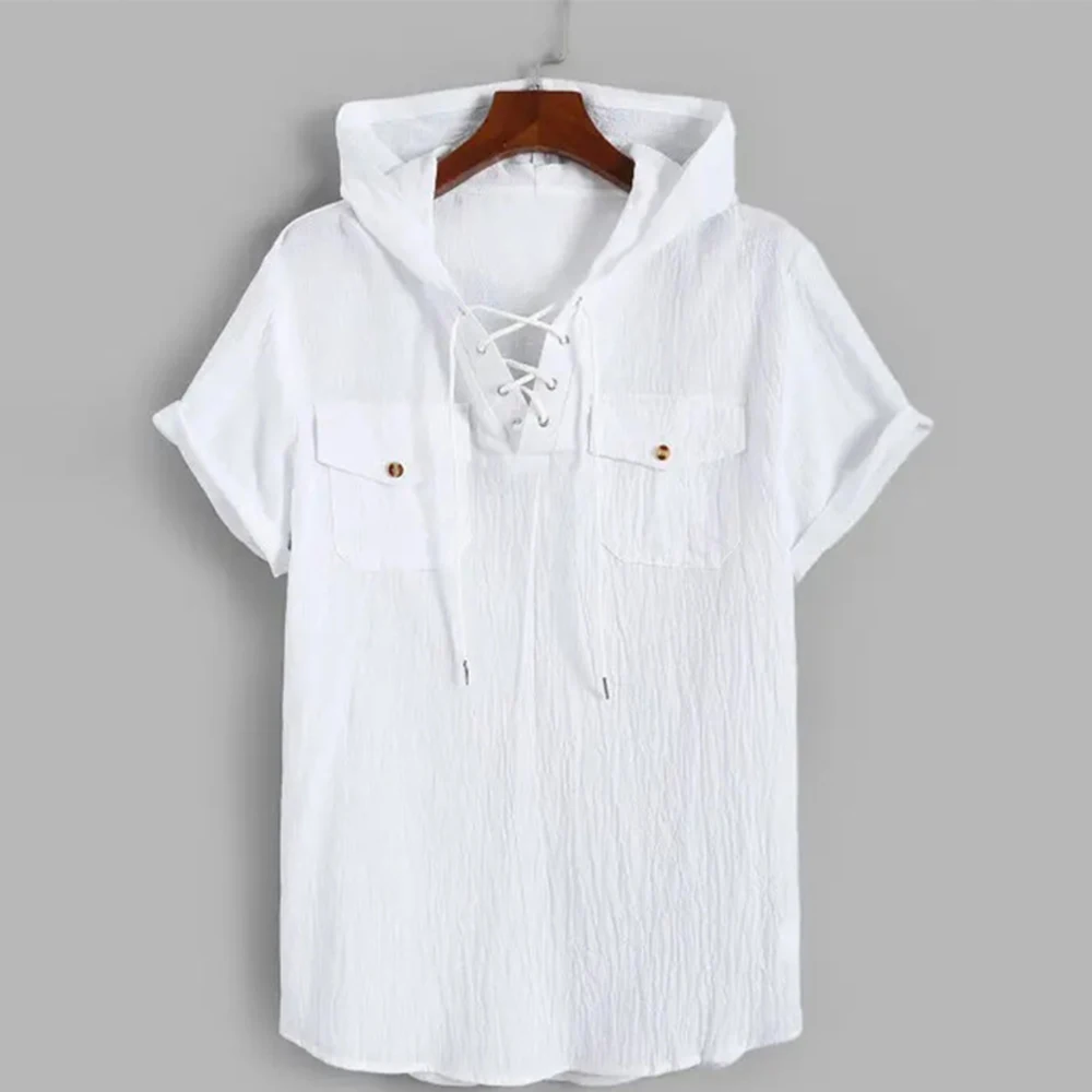 

Men's Fashion Loose Tee Shirt Casul Short Sleeve V Neck Blouse Tops Summer Solid White Hoodie Baggy T Shirts Chemise Homme