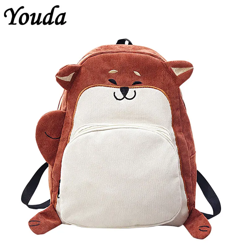 

Youda Corduroy Backpack Women Cute Dog Fox Shopping Bags Zipper Girls Student Bookbag Handbags Large Capacity Casual Backpacks