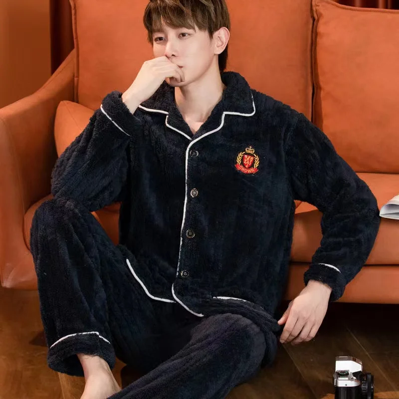Pajamas Sets Men Winter Thicken Warm Pyjamas Plus Size Coral Fleece Long Sleeve Trousers Homewear Soft Sleepwear Home Clothes