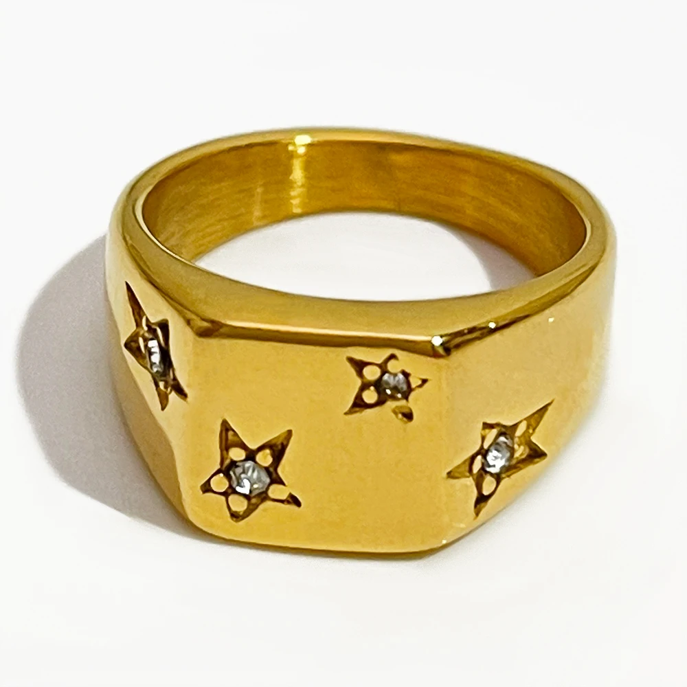 

Peri'sBox Gold Plated Rhinestones Square Starburst Signet Ring Women Stylish Engraved Stainless Steel Rings Bijoux High Quality