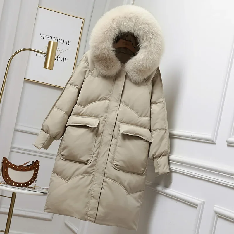 Женский пуховик с капюшоном из натурального Лисьего меха зимняя куртка Женская
