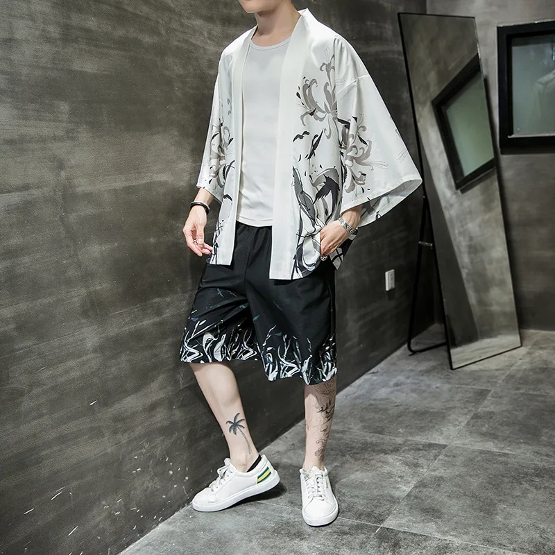 

Мужской костюм из двух предметов Yourqipao, черный спортивный костюм в китайском стиле, рубашка-кимоно + шорты, лето 2019