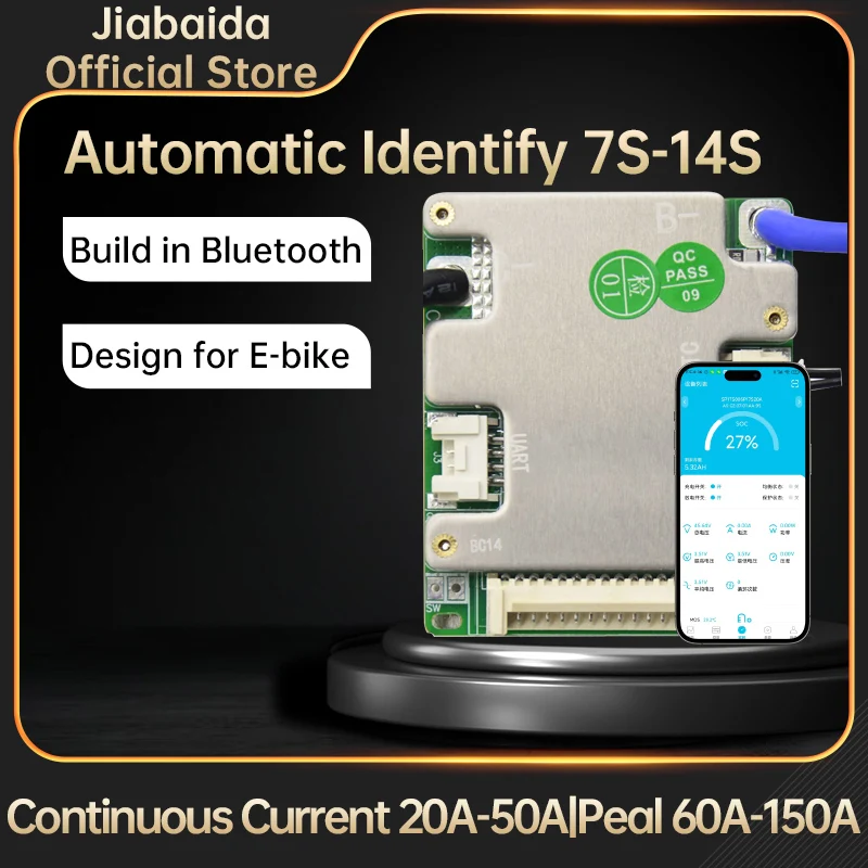 Фото Jiabaida Электрический велосипед Smart BMS LiFePO4 Li-ion 7S 8S 24V 9S 10S 11S 12S 13S 14S 36V 20A 30A 40A 50A с Bluetooth UART №1