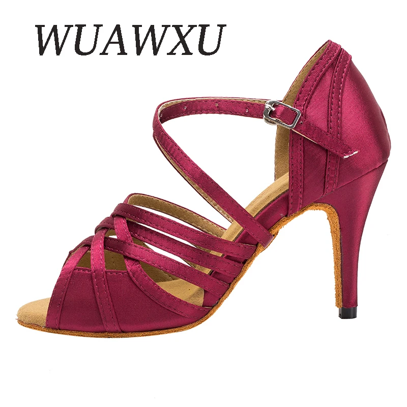 NATASHA2023 Latin Dance Shoes Women's Satin Wine Red 8.5cm Thin Heel Blue 7.5cm Cuban Heel Soft Sole