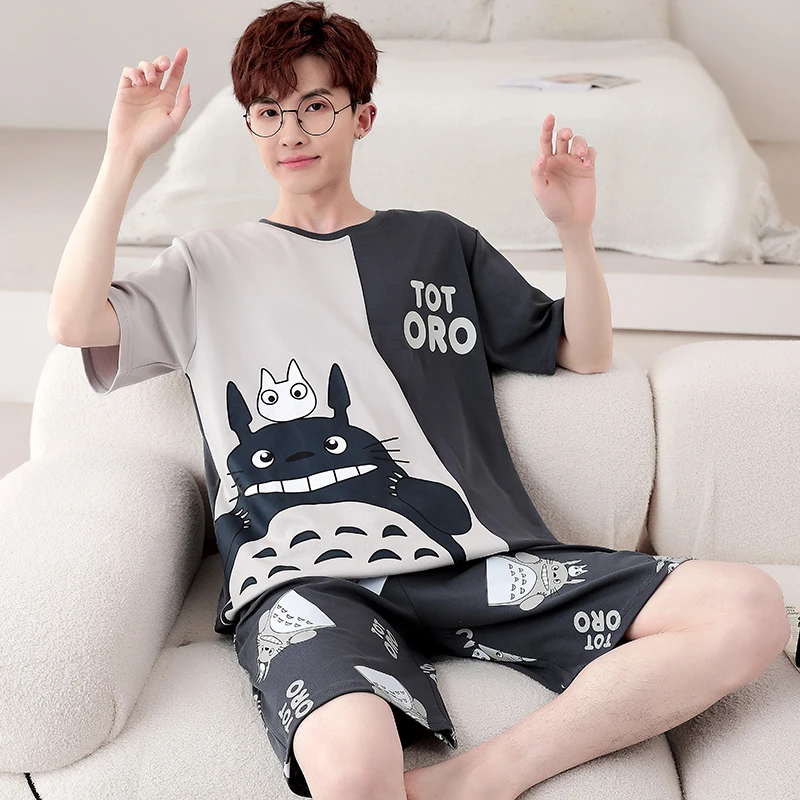 Summer Men Pajama Sets Short Sleeve Sleepwear Women Korean Loose Cute Cat Printing Pyjama Suit  Man Leisure Homewear Suit 2PCS