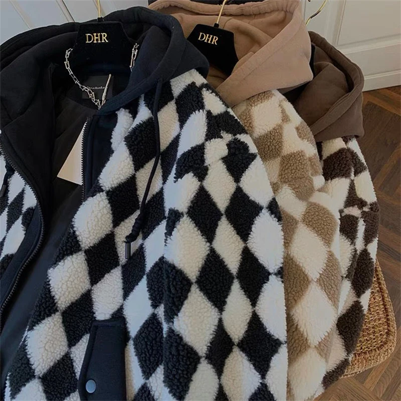Winter Warm Retro Checkerboard Lamb Wool Coat Women's 2022 New Fashion Fluffy Short Plush Jackets Y2K Street Casual Hooded Coats