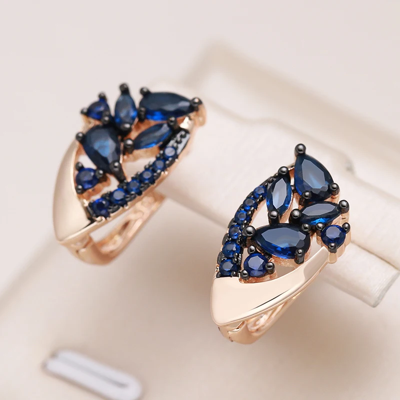 

Kinel Luxury Blue Natural Zircon English Earrings For Women 585 Rose Gold and Black Plating Wedding Jewelry Vintage Earrings