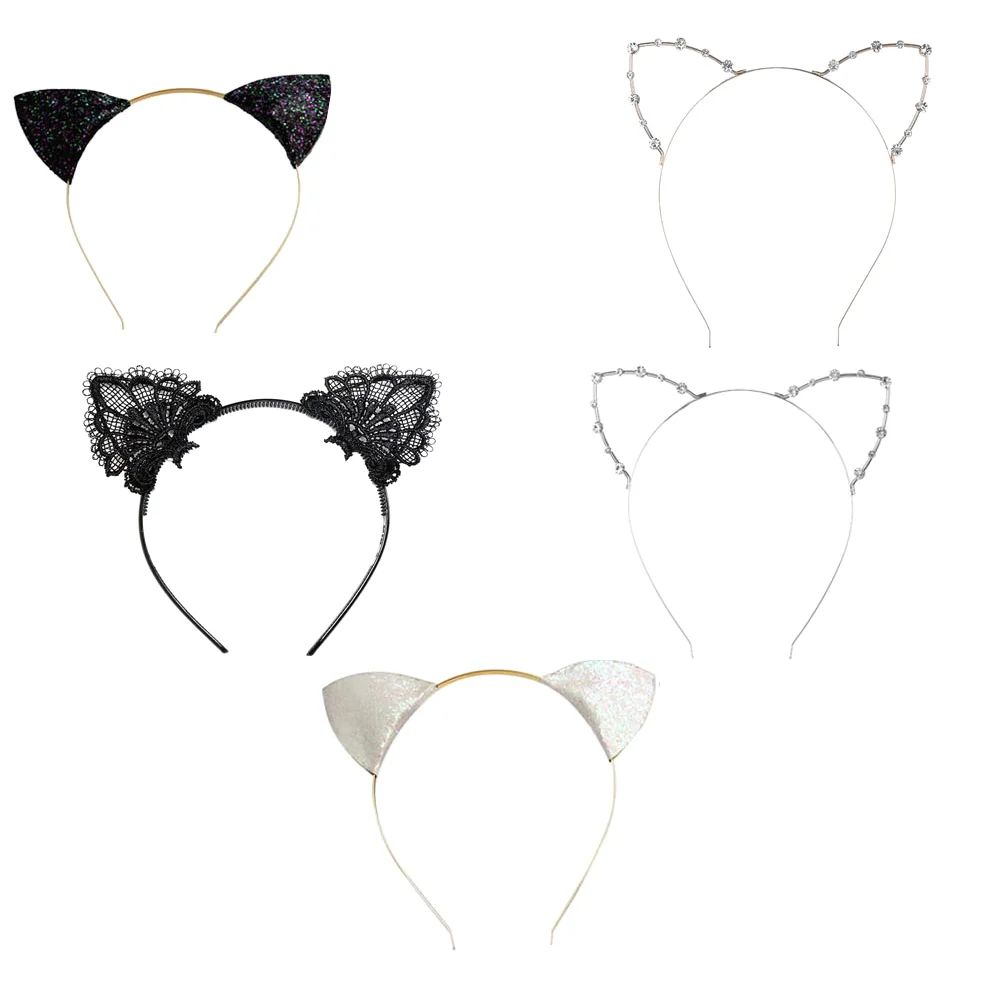 

5 Pcs Sparkle Headbands Women Sequin Ear Soft Costume Party Women's Fashion Cat Hair Accessories Lace Crystal Ears